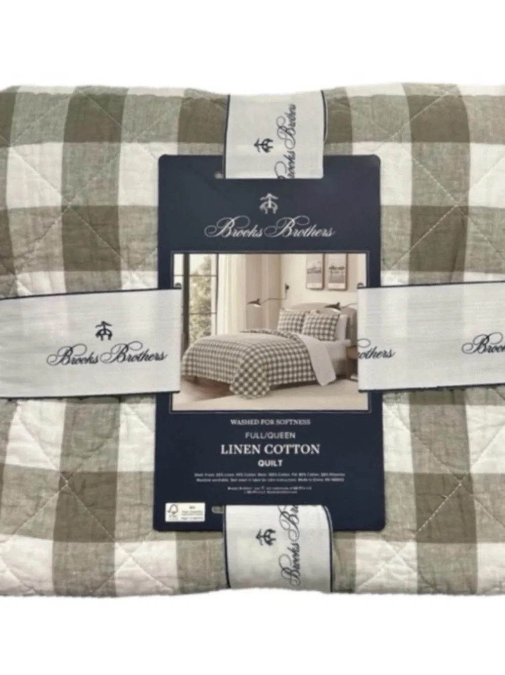 Brooks Brothers Full/Queen Linen Cotton Green and White Plaid Quilt 88”x92”